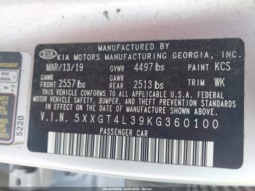 2019 Kia Optima VIN 5XXGT4L39KG360100 IAAI salvage auction — REAR END, Salvage (Alabama), sold $1,750 on 2026-07-13 (photo 9)
