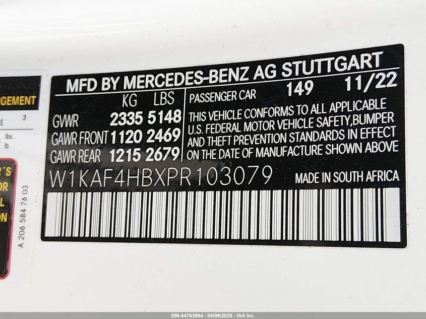 2023 Mercedes-benz C class VIN W1KAF4HBXPR103079 IAAI salvage auction — FRONT END, Salvage (New Hampshire), sold $7,100 on 2026-07-22 (photo 9)