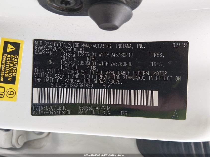 2019 Toyota Highlander VIN 5TDJZRFH9KS584829 IAAI salvage auction — ROLLOVER, Salvage (New Mexico), sold $4,550 on 2026-07-06 (photo 9)