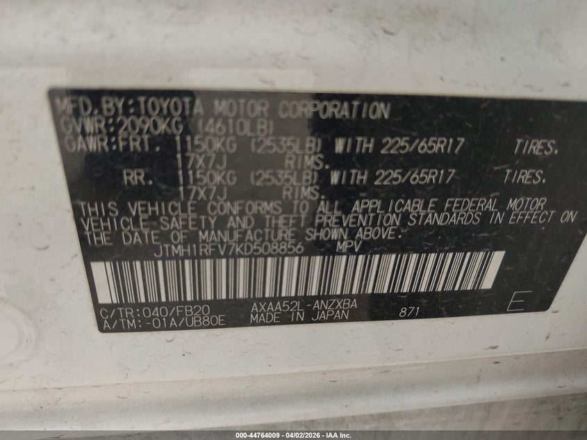 2019 Toyota Rav 4 VIN JTMH1RFV7KD508856 IAAI salvage auction — FRONT & REAR, Salvage (Texas), sold $7,250 on 2026-07-13 (photo 9)
