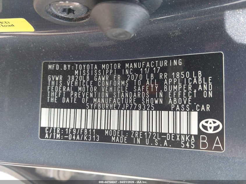2018 Toyota Corolla VIN 5YFBURHE7JP779325 IAAI salvage auction — FRONT END, Salvage (Texas), sold $2,275 on 2026-07-14 (photo 9)