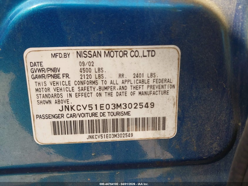 2003 Infiniti G35 VIN JNKCV51E03M302549 IAAI salvage auction — RIGHT SIDE, Salvage (North Carolina), sold $225 on 2026-08-03 (photo 9)