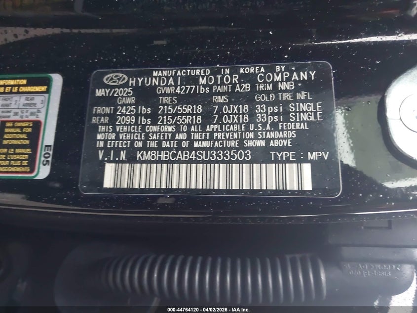 2025 Hyundai Kona VIN KM8HBCAB4SU333503 IAAI salvage auction — FRONT & REAR, Salvage (New Jersey), sold $4,650 on 2026-07-29 (photo 9)
