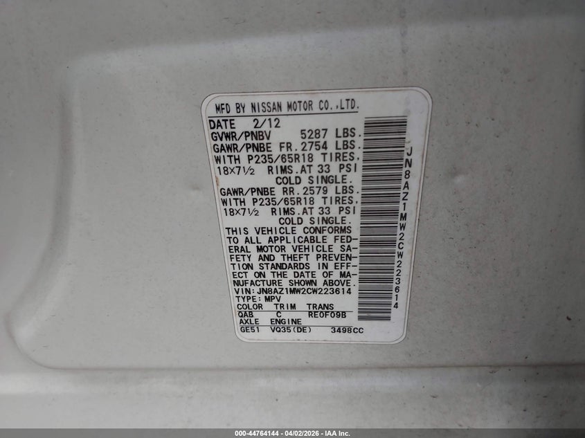 2012 Nissan Murano VIN JN8AZ1MW2CW223614 IAAI salvage auction — LEFT & RIGHT, Salvage (New Jersey), sold $25 on 2026-07-27 (photo 9)