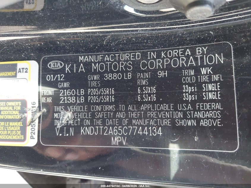 2012 Kia Soul VIN KNDJT2A65C7744134 IAAI salvage auction — FRONT & REAR, Wait Title, sold $550 on 2026-07-08 (photo 9)
