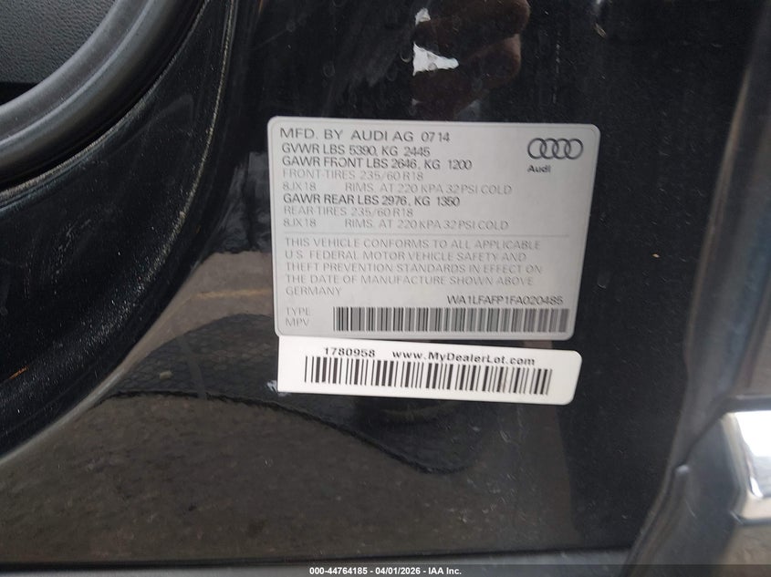 2015 Audi Q5 VIN WA1LFAFP1FA020485 IAAI salvage auction — RIGHT FRONT, Salvage (Colorado), sold $1,250 on 2026-07-07 (photo 9)