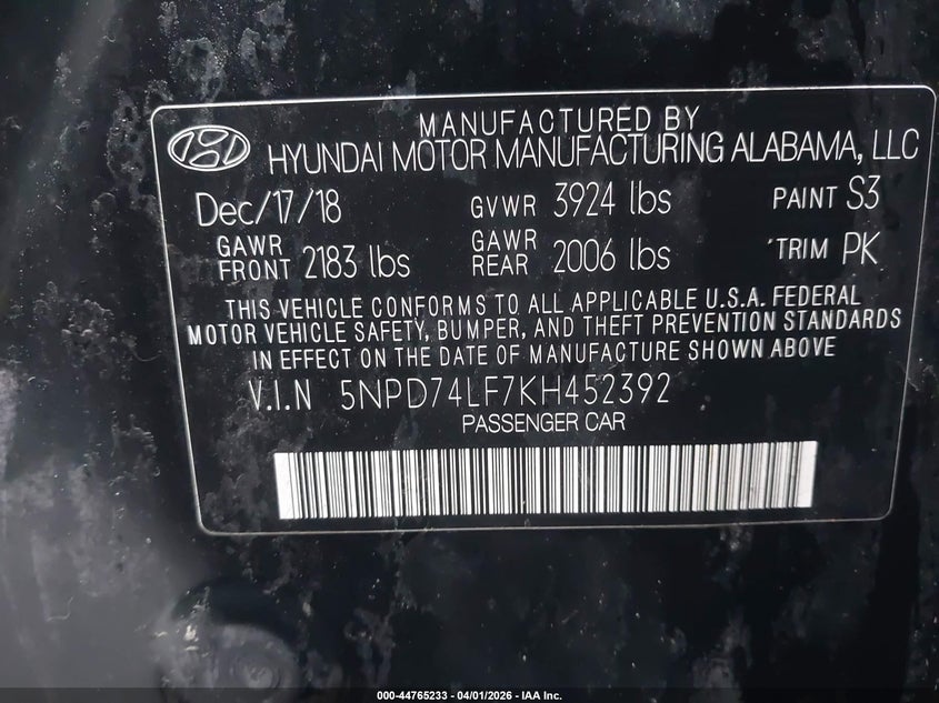 2019 Hyundai Elantra VIN 5NPD74LF7KH452392 IAAI salvage auction — FRONT END, Wait Title, sold $1,300 on 2026-07-19 (photo 9)