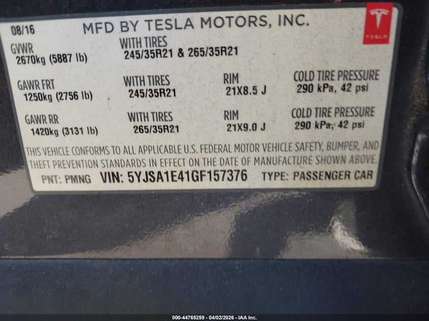 2016 Tesla Model s VIN 5YJSA1E41GF157376 IAAI salvage auction — FRONT END, Wait Title, sold $4,750 on 2026-07-15 (photo 9)
