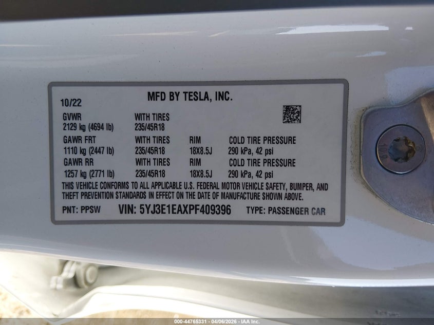 2023 Tesla Model 3 VIN 5YJ3E1EAXPF409396 IAAI salvage auction — RIGHT REAR, Original (Texas), sold $7,500 on 2026-07-09 (photo 9)