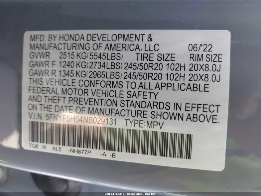 2022 Honda Pilot VIN 5FNYF5H64NB029131 IAAI salvage auction — SIDE, Wait Title, sold $13,550 on 2026-07-31 (photo 9)