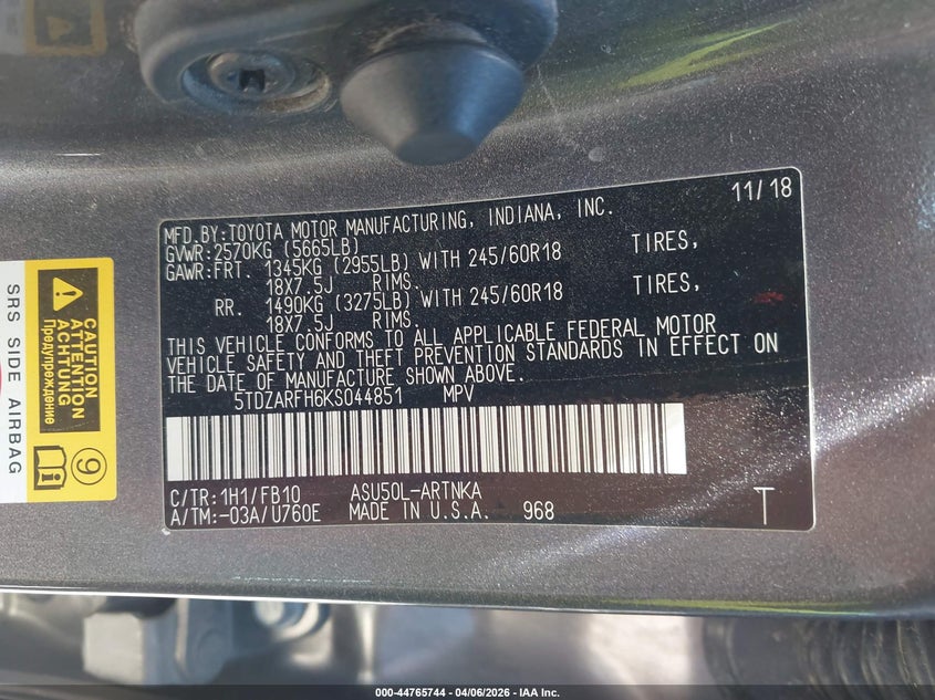 2019 Toyota Highlander VIN 5TDZARFH6KS044851 IAAI salvage auction — LEFT & RIGHT, Salvage (Texas), sold $6,800 on 2026-07-27 (photo 9)