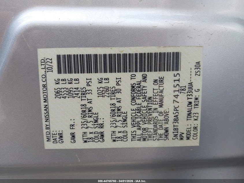 2023 Nissan Rogue VIN 5N1BT3BA5PC741515 IAAI salvage auction — LEFT FRONT, Original (Texas), sold $7,300 on 2026-07-28 (photo 9)
