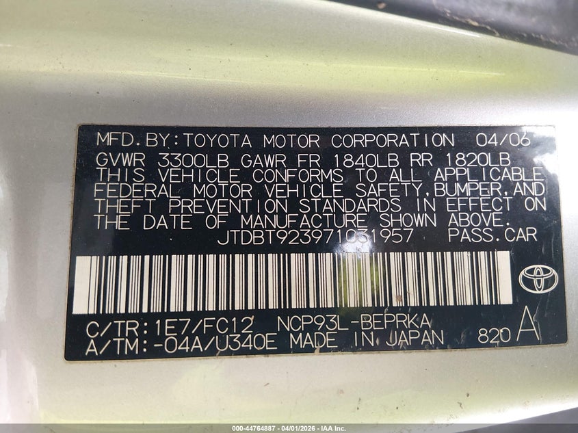 2007 Toyota Yaris VIN JTDBT923971031957 IAAI salvage auction — LEFT FRONT, Salvage (Texas), sold $325 on 2026-07-28 (photo 9)