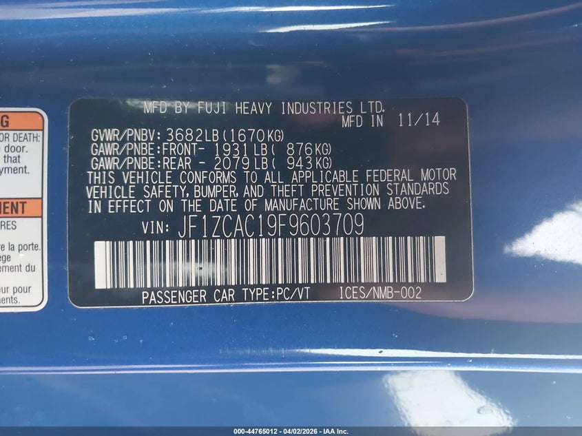 2015 Subaru Brz VIN JF1ZCAC19F9603709 IAAI salvage auction — WATER/FLOOD, Wait Title, sold $475 on 2026-07-28 (photo 9)