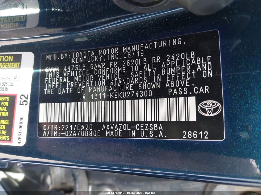 2019 Toyota Camry VIN 4T1B11HK8KU274300 IAAI salvage auction — REAR END, Wait Title, sold $8,900 on 2026-07-24 (photo 9)