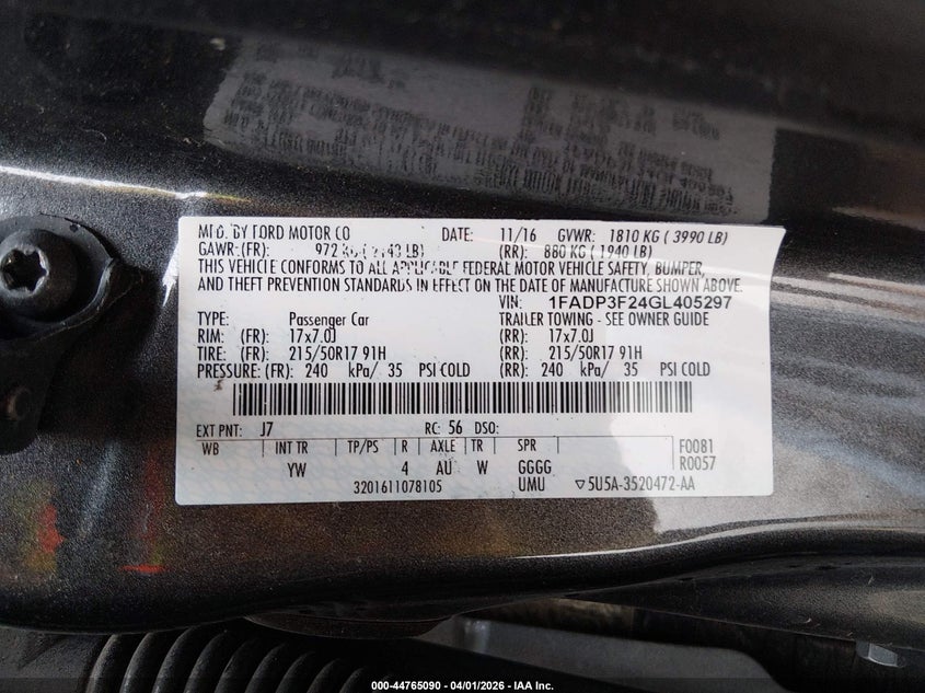 2016 Ford Focus VIN 1FADP3F24GL405297 IAAI salvage auction — RIGHT SIDE, Salvage (Illinois), sold $1,050 on 2026-07-20 (photo 9)