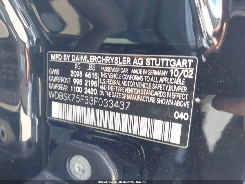 2003 Mercedes-benz Sl-class VIN WDBSK75F33F033437 IAAI salvage auction — WATER/FLOOD, Salvage (California), sold $2,150 on 2026-07-29 (photo 9)