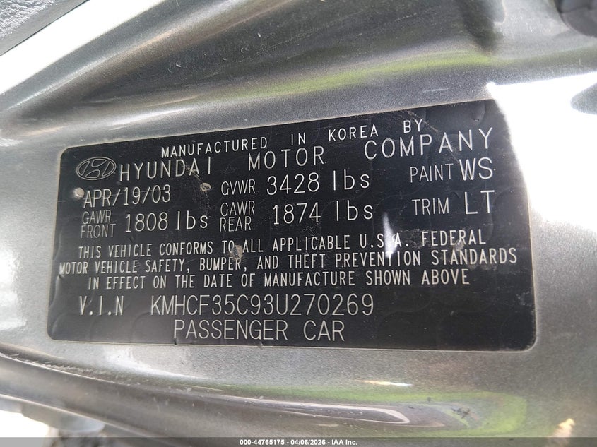 2003 Hyundai Accent VIN KMHCF35C93U270269 IAAI salvage auction — ROOF, Salvage (Nevada), sold $25 on 2026-07-31 (photo 9)