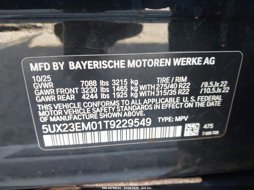 2026 BMW X7 VIN 5UX23EM01T9229549 IAAI salvage auction — FRESH WATER, Salvage (Hawaii), sold $48,900 on 2026-07-07 (photo 9)
