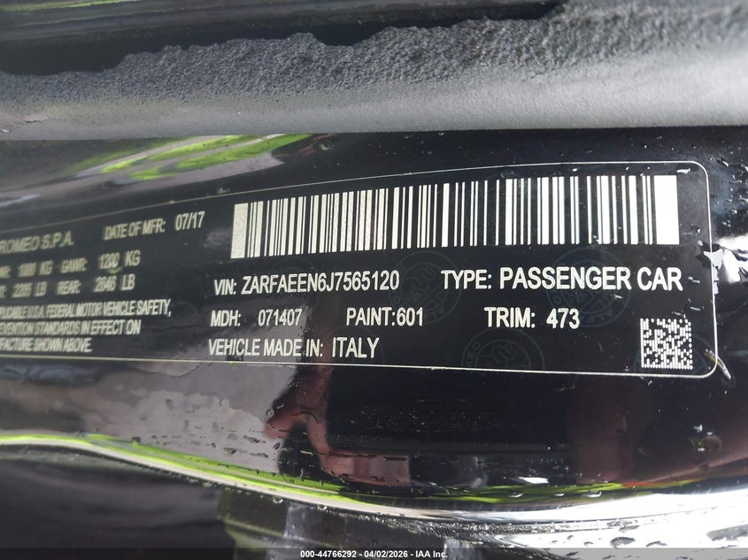 2018 Alfa romeo Giulia VIN ZARFAEEN6J7565120 IAAI salvage auction — HAIL, Salvage (Illinois), sold $2,200 on 2026-07-28 (photo 9)