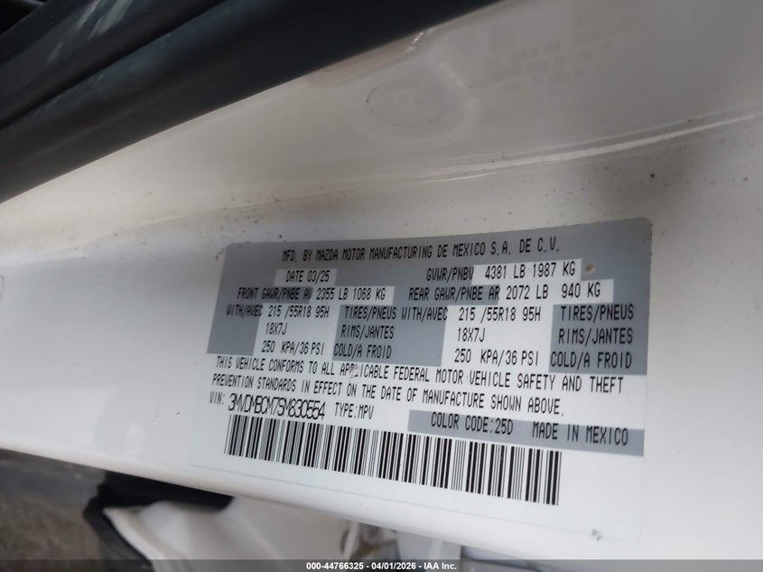 2025 Mazda Cx-30 VIN 3MVDMBCM7SM830554 IAAI salvage auction — RIGHT SIDE, Wait Title, sold $8,125 on 2026-07-30 (photo 9)