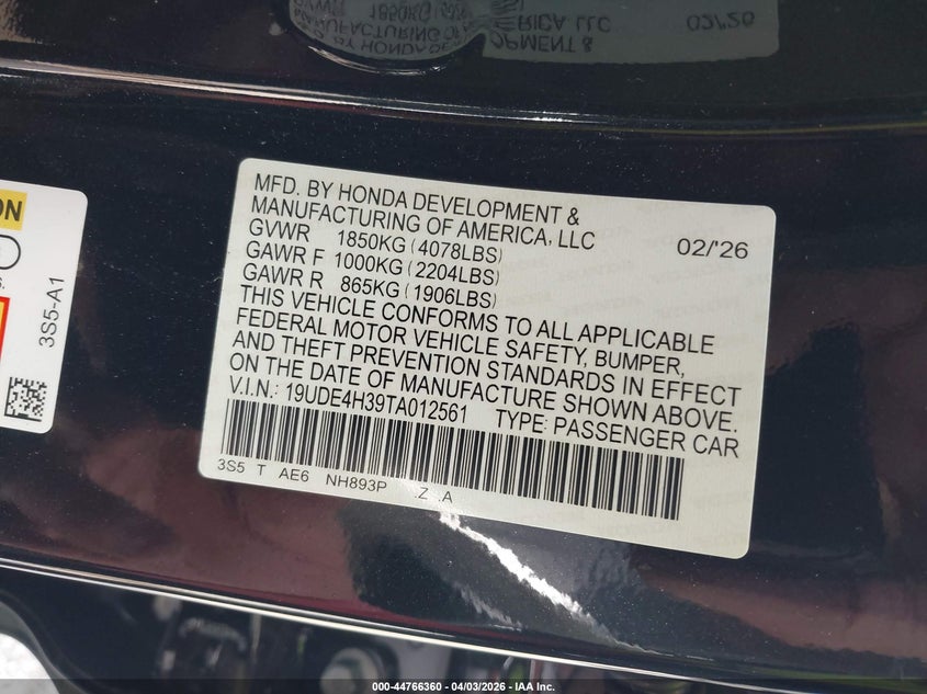 2026 Acura Integra VIN 19UDE4H39TA012561 IAAI salvage auction — REAR END, Wait Title, sold $7,200 on 2026-07-13 (photo 9)