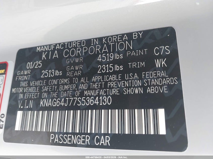 2025 Kia K5 VIN KNAG64J77S5364130 IAAI salvage auction — FRONT & REAR, Wait Title, sold $11,700 on 2026-07-10 (photo 9)