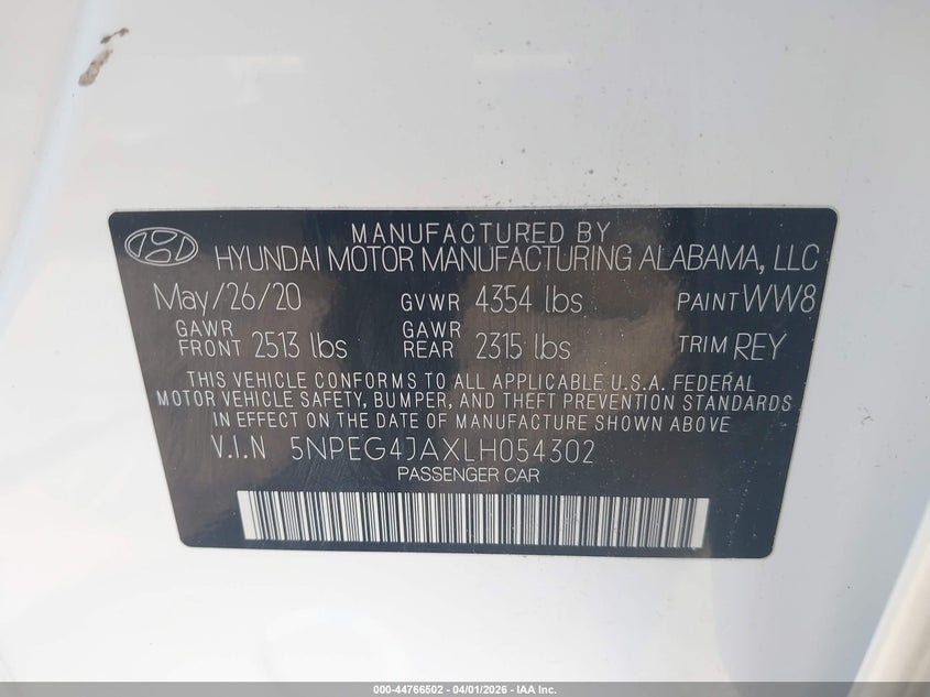 2020 Hyundai Sonata VIN 5NPEG4JAXLH054302 IAAI salvage auction — SIDE, Salvage - 75% Or Less (Maryland), sold $4,475 on 2026-07-16 (photo 9)