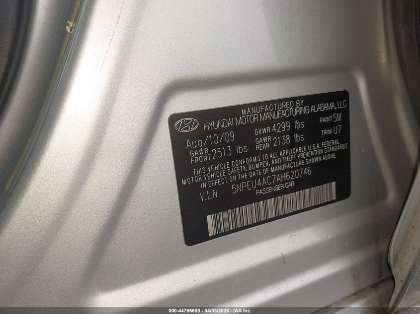 2010 Hyundai Sonata VIN 5NPEU4AC7AH620746 IAAI salvage auction — RIGHT FRONT, Salvage (New Jersey), sold $550 on 2026-07-20 (photo 9)