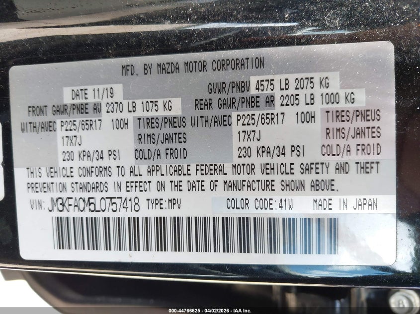 2020 Mazda Cx-5 VIN JM3KFACM5L0757418 IAAI salvage auction — FRONT END, Clear (Florida), sold $3,300 on 2026-07-30 (photo 9)