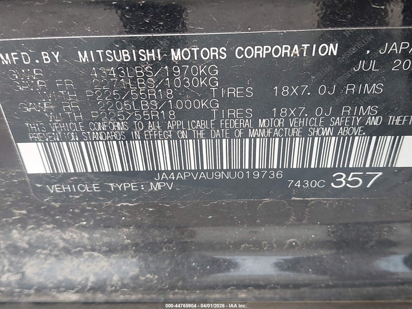 2022 Mitsubishi Outlander VIN JA4APVAU9NU019736 IAAI salvage auction — FRONT END, Salvage (Texas), sold $4,150 on 2026-07-15 (photo 9)