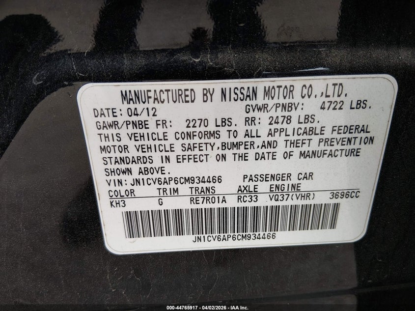 2012 Infiniti G VIN JN1CV6AP6CM934466 IAAI salvage auction — FRONT END, Original (Texas), sold $225 on 2026-07-29 (photo 9)