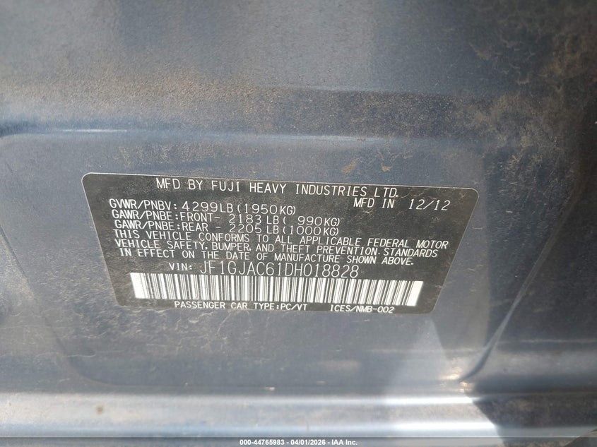 2013 Subaru Impreza VIN JF1GJAC61DH018828 IAAI salvage auction — ELECTRICAL, Salvage (Texas), sold $325 on 2026-07-31 (photo 9)