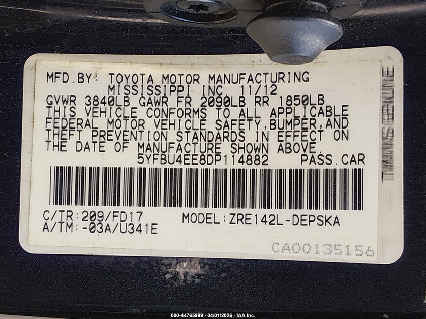 2013 Toyota Corolla VIN 5YFBU4EE8DP114882 IAAI salvage auction — REAR END, Salvage (Nevada), sold $2,750 on 2026-07-17 (photo 9)
