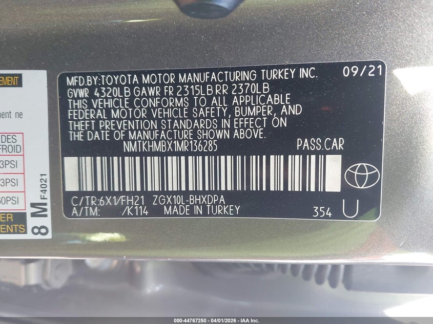2021 Toyota C-hr VIN NMTKHMBX1MR136285 IAAI salvage auction — FRONT END, Wait Title, sold $5,350 on 2026-07-14 (photo 9)