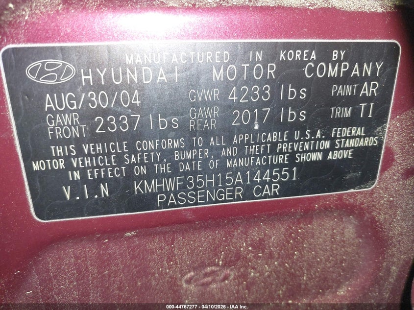 2005 Hyundai Sonata VIN KMHWF35H15A144551 IAAI salvage auction — FRONT END, Clear (Virginia), sold $325 on 2026-07-09 (photo 9)