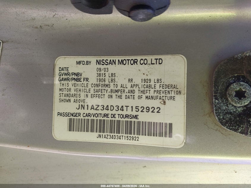 2004 Nissan 350z VIN JN1AZ34D34T152922 IAAI salvage auction — LEFT & RIGHT, Salvage (Texas), sold $525 on 2026-07-28 (photo 9)