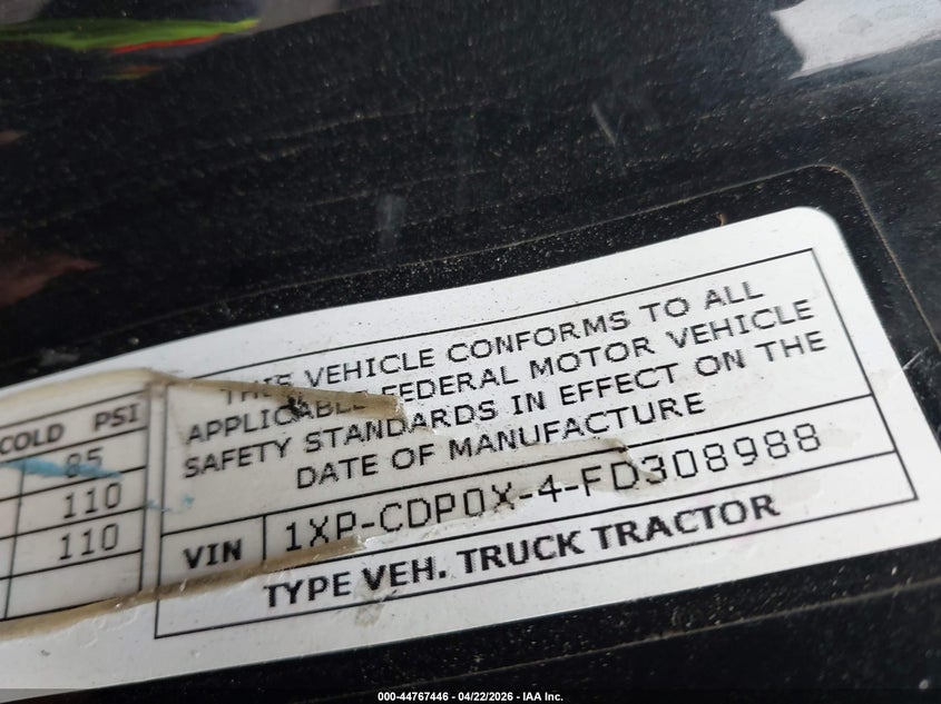 2015 Peterbilt 567 VIN 1XPCDP0X4FD308988 IAAI salvage auction — Burn Interior, Mv-907A (New York), sold $8,350 on 2026-07-07 (photo 9)