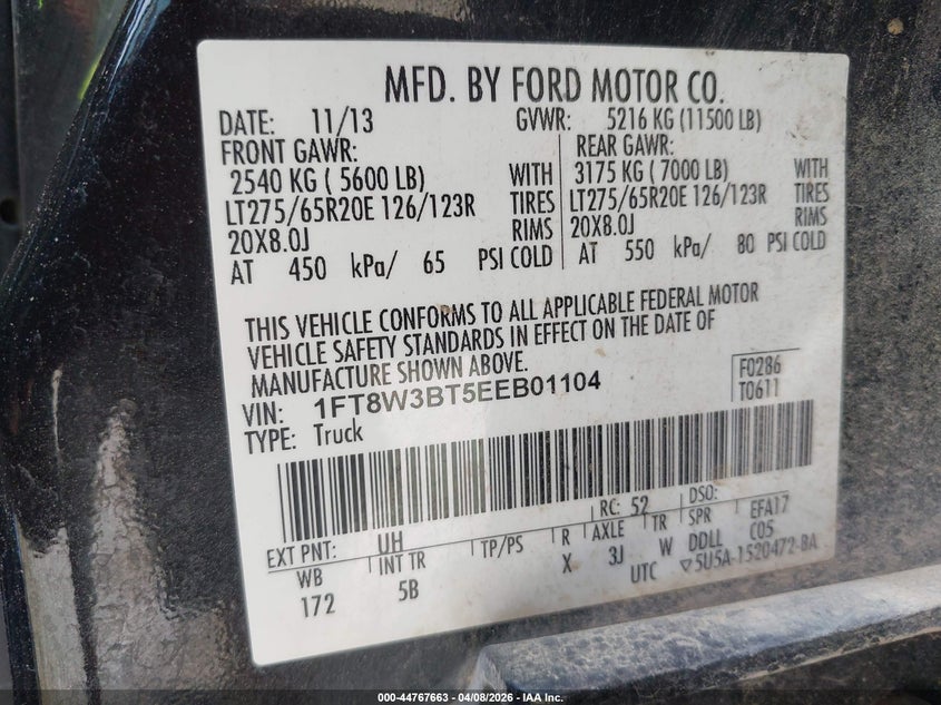 2014 Ford VIN 1FT8W3BT5EEB01104 IAAI salvage auction — Left Front, Salvage, sold $5,775 on 2026-10-19 (photo 9)
