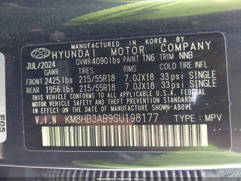 2025 Hyundai Kona VIN KM8HB3AB9SU198177 IAAI salvage auction — RIGHT FRONT, Salvage (Georgia), sold $7,675 on 2026-07-09 (photo 9)