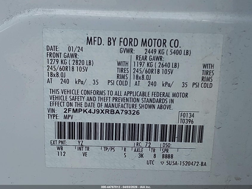2024 Ford Edge VIN 2FMPK4J9XRBA79326 IAAI salvage auction — TRANSMISSION, Wait Title, sold $9,950 on 2026-07-16 (photo 9)