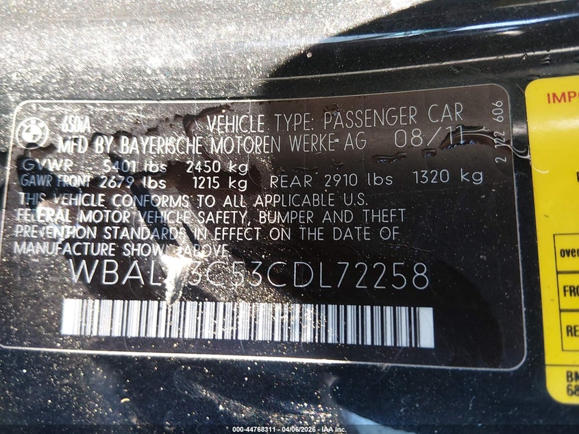 2012 BMW 6er VIN WBALZ3C53CDL72258 IAAI salvage auction — REAR END, Salvage - Greater Than 75% (Maryland), sold $1,700 on 2026-07-22 (photo 9)