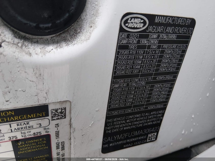 2021 Land rover Range rover velar VIN SALYM2FU3MA306423 IAAI salvage auction — SIDE, Salvage Title, sold $16,250 on 2026-07-14 (photo 9)
