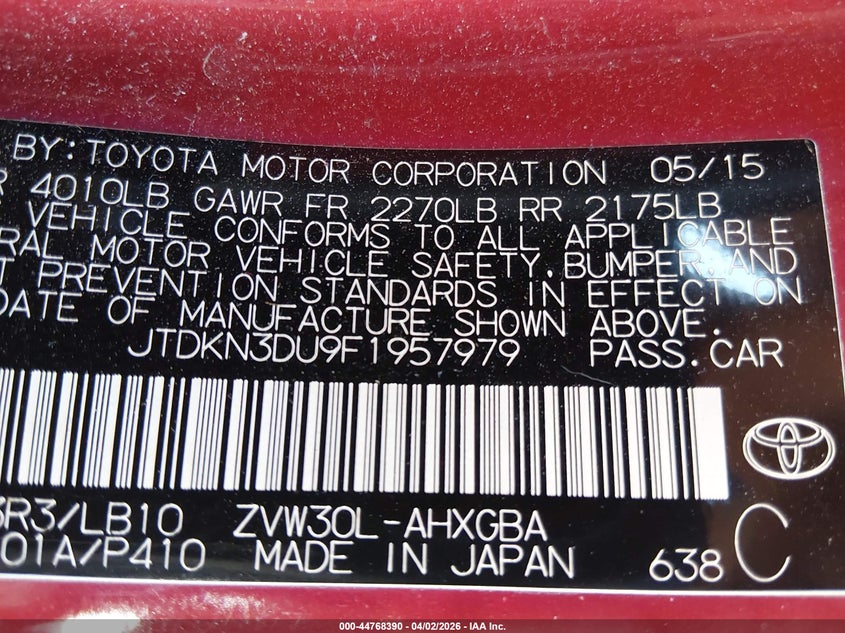 2015 Toyota Prius VIN JTDKN3DU9F1957979 IAAI salvage auction — FRONT END, Wait Title, sold $1,175 on 2026-07-17 (photo 9)