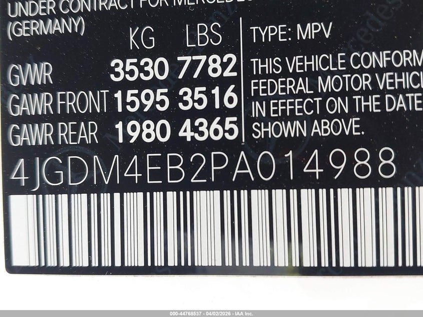 2023 Mercedes-benz VIN 4JGDM4EB2PA014988 IAAI salvage auction — REAR END, Salvage (Virginia), sold $43,525 on 2026-08-03 (photo 9)