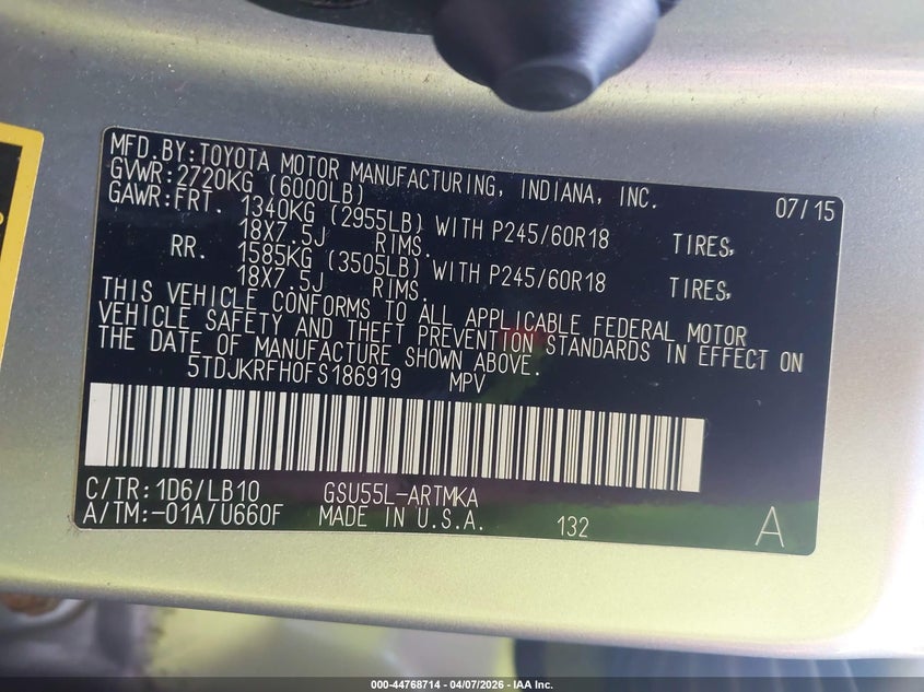 2015 Toyota Highlander VIN 5TDJKRFH0FS186919 IAAI salvage auction — REAR END, Salvage (Hawaii), sold $5,400 on 2026-07-14 (photo 9)