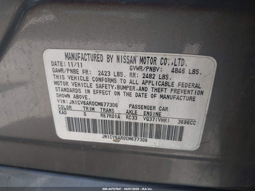 2012 Infiniti G VIN JN1CV6AR0CM677306 IAAI salvage auction — LEFT SIDE, Salvage Title, sold $1,150 on 2026-07-21 (photo 9)