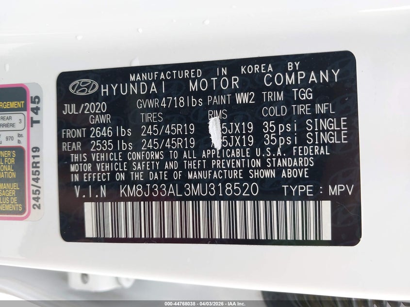 2021 Hyundai Tucson VIN KM8J33AL3MU318520 IAAI salvage auction — RIGHT FRONT, Wait Title, sold $3,450 on 2026-07-16 (photo 9)