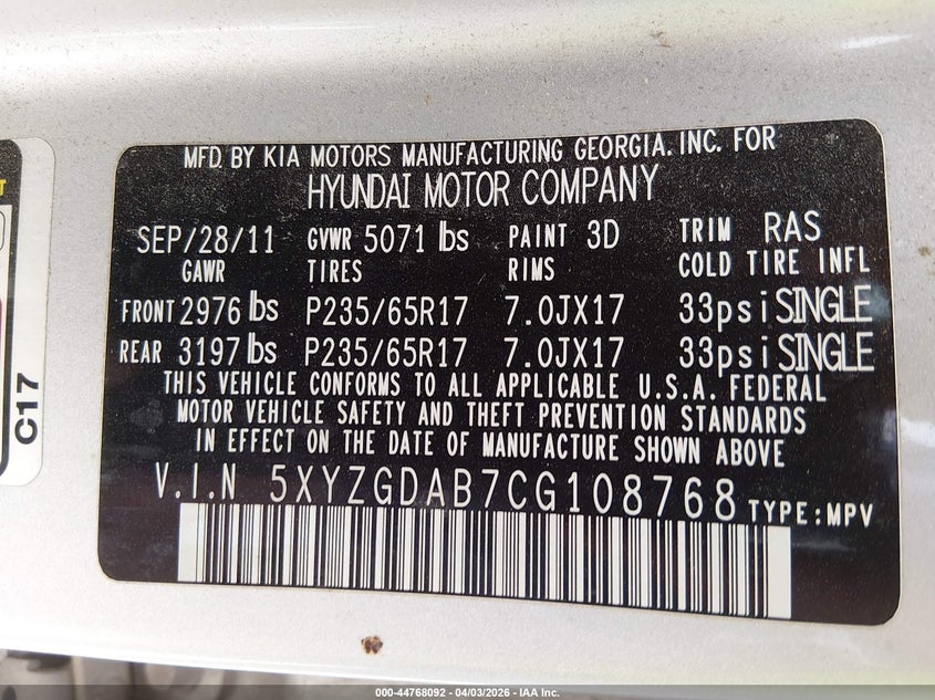 2012 Hyundai Santa fe VIN 5XYZGDAB7CG108768 IAAI salvage auction — FRONT END, Wait Title, sold $1,300 on 2026-07-31 (photo 9)