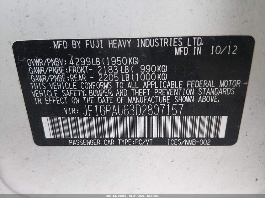 2013 Subaru Impreza VIN JF1GPAU63D2807157 IAAI salvage auction — FRONT END, Salvage (Texas), sold $375 on 2026-07-28 (photo 9)